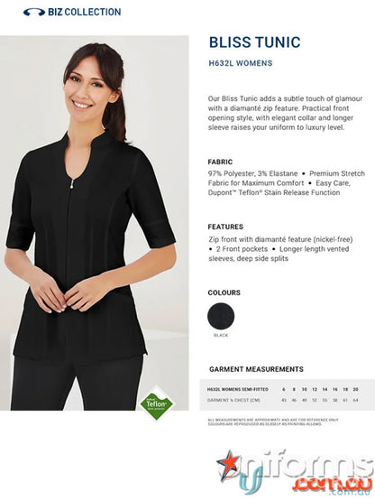 Black women’s Bliss Tunic in stretch fabric with Dupont Teflon stain release technology