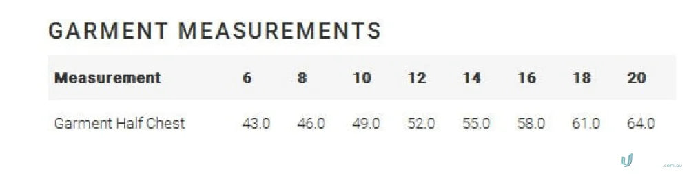 Garment measurement chart for women’s Bliss Tunic with stretch fabric stain release and DuPont Teflon stain resistance