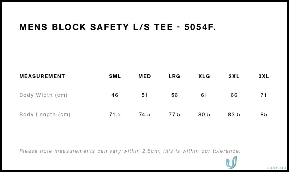 Clothing size chart for Block Safety LS Tee, perfect for work uniforms and printing techniques