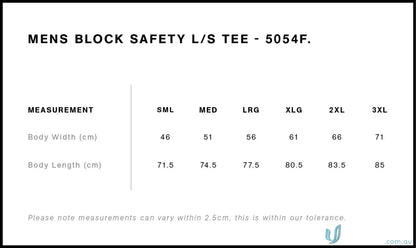 Clothing size chart for Block Safety LS Tee, perfect for work uniforms and printing techniques