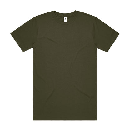 Olive green crew neck t-shirt with a small white logo on the left shoulder.