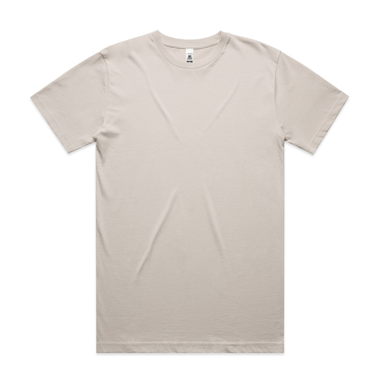 Beige crew neck t-shirt with short sleeves and a relaxed fit.