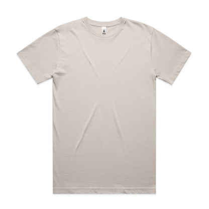 Beige crew neck t-shirt with short sleeves and a relaxed fit.
