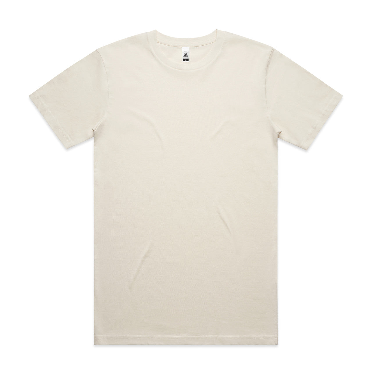 Cream-colored crew neck t-shirt with short sleeves and a ribbed neckline.