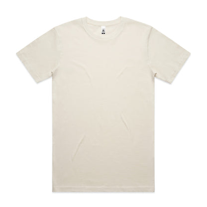 Cream-colored crew neck t-shirt with short sleeves and a ribbed neckline.