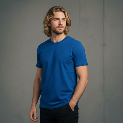 Royal blue crew neck t-shirt with short sleeves and a relaxed fit.