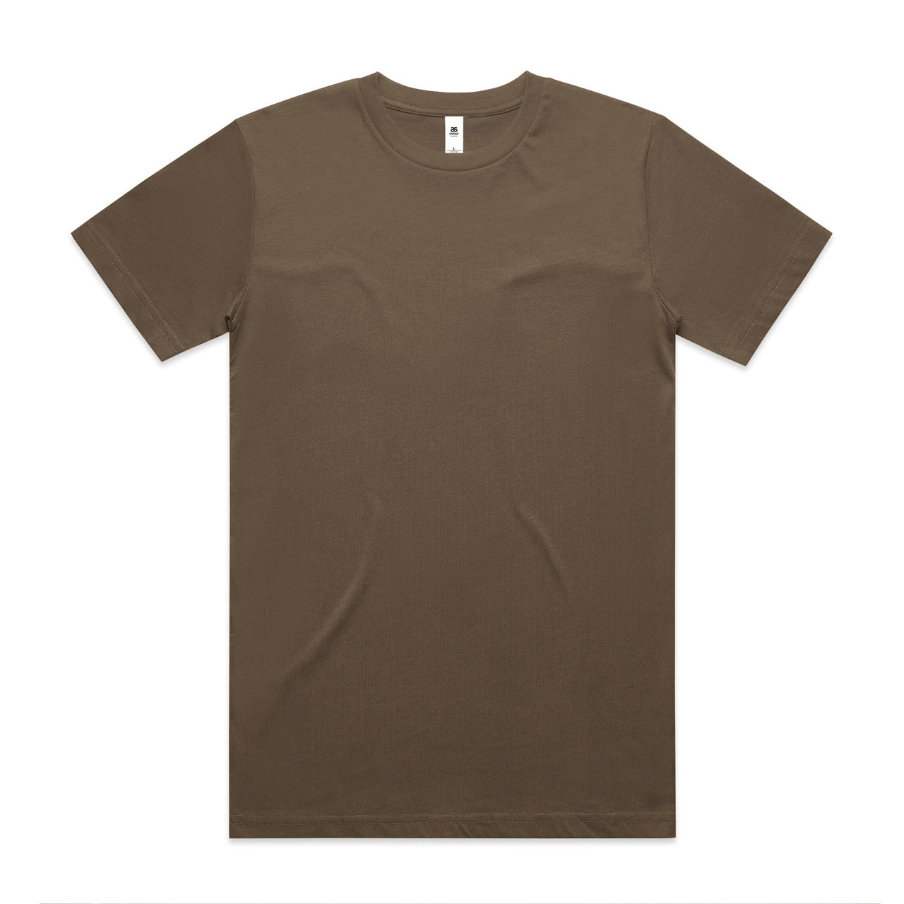 Brown crew neck t-shirt with short sleeves and a small white tag on the left shoulder.
