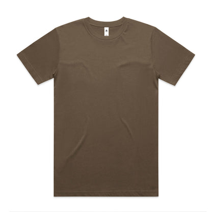 Brown crew neck t-shirt with short sleeves and a small white tag on the left shoulder.