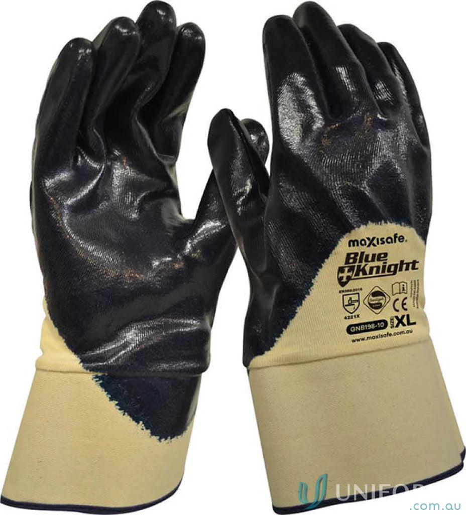 Black and tan work gloves with safety cuff for workwear and uniforms