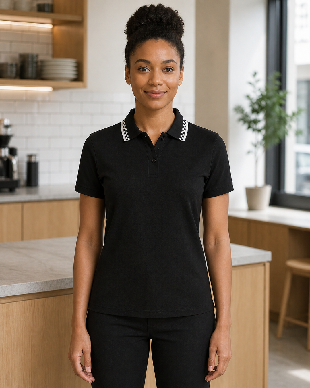 Bobbin Ladies Chef Polo in black with checker collar trim
