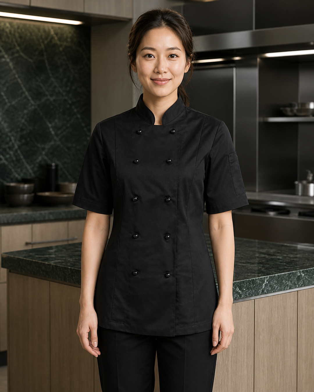 Bobbin Ladies Short Sleeve Chef Jacket in black