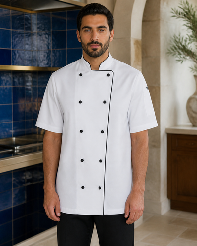 Bobbin Short Sleeve Chefs Jacket in white with black trim