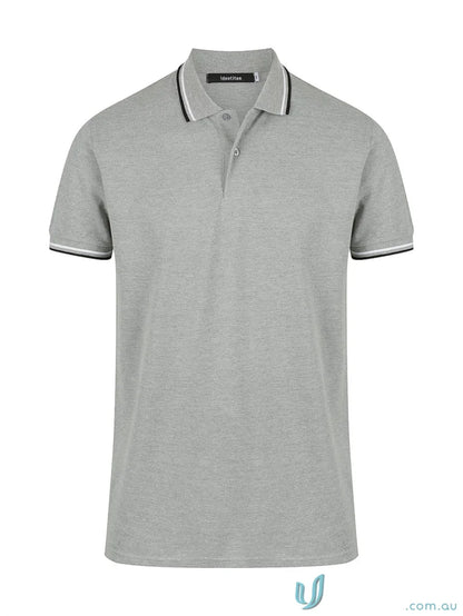 Gray Bobby Polo shirt with striped trim, perfect for uniforms and workwear styles