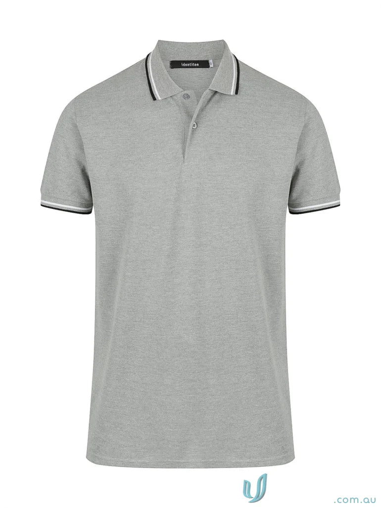 Gray Bobby Polo shirt with striped trim, perfect for uniforms and workwear styles