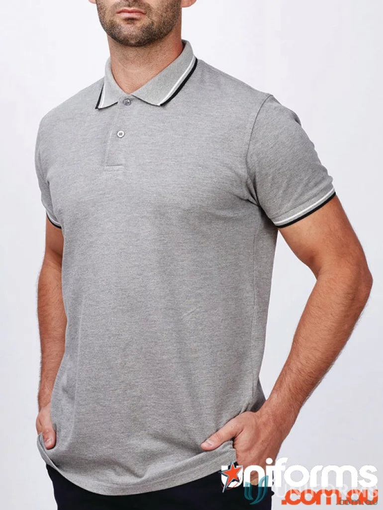 Gray Bobby Polo shirt with striped trim, perfect for uniforms and workwear