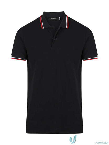 Black Bobby Polo shirt with striped trim, perfect for uniforms and workwear