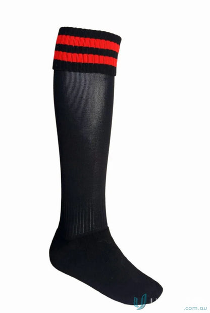 Black Bocini Sports Socks with red stripes, perfect for sports, uniforms, and shoe size fit