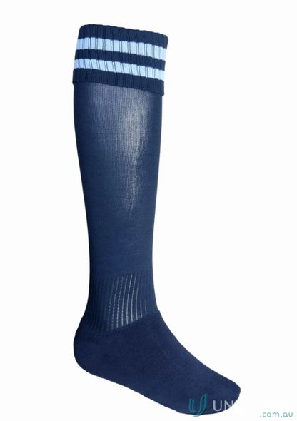 Navy blue Bocini Sports Socks with light blue and white stripes, perfect for sports and uniforms