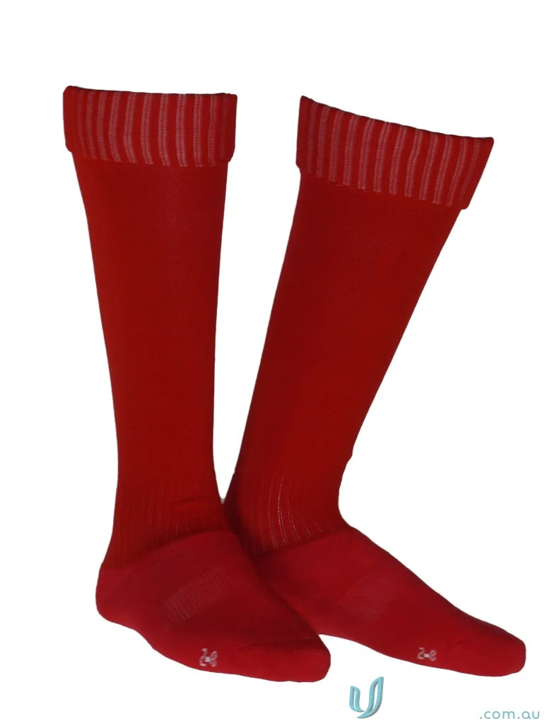 Red knee-high sports socks with ribbed cuffs for uniforms and shoe size comfort