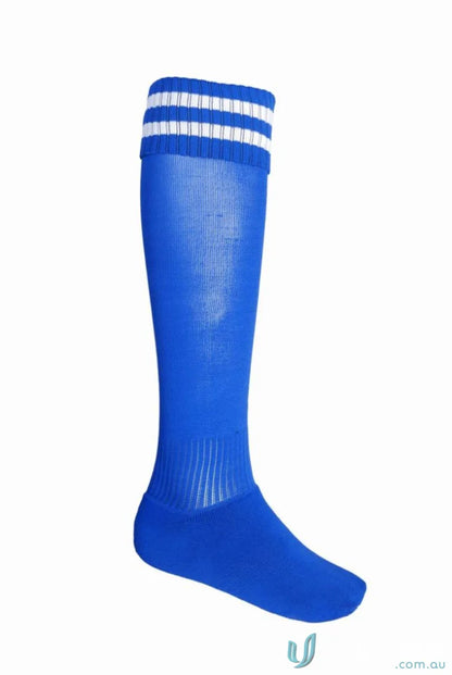 Blue Bocini Sports Socks with white stripes, perfect for sports and uniforms