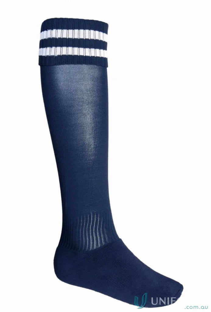 Navy blue Bocini Sports Socks with white stripes, perfect for uniforms and shoe sizes