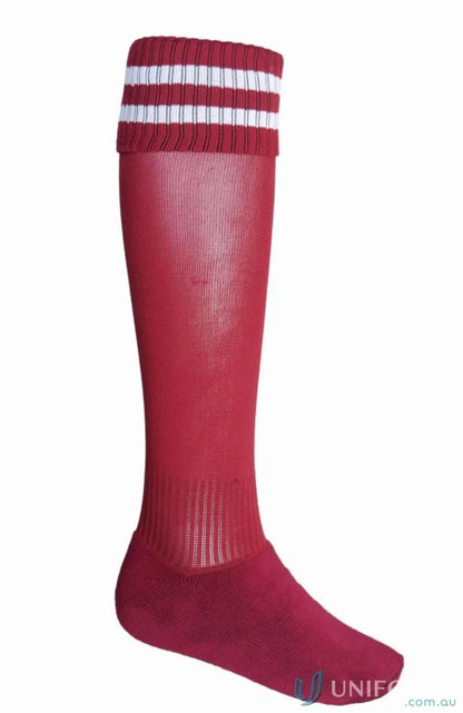 Red Bocini Sports Socks with white stripes, perfect for sports and uniforms