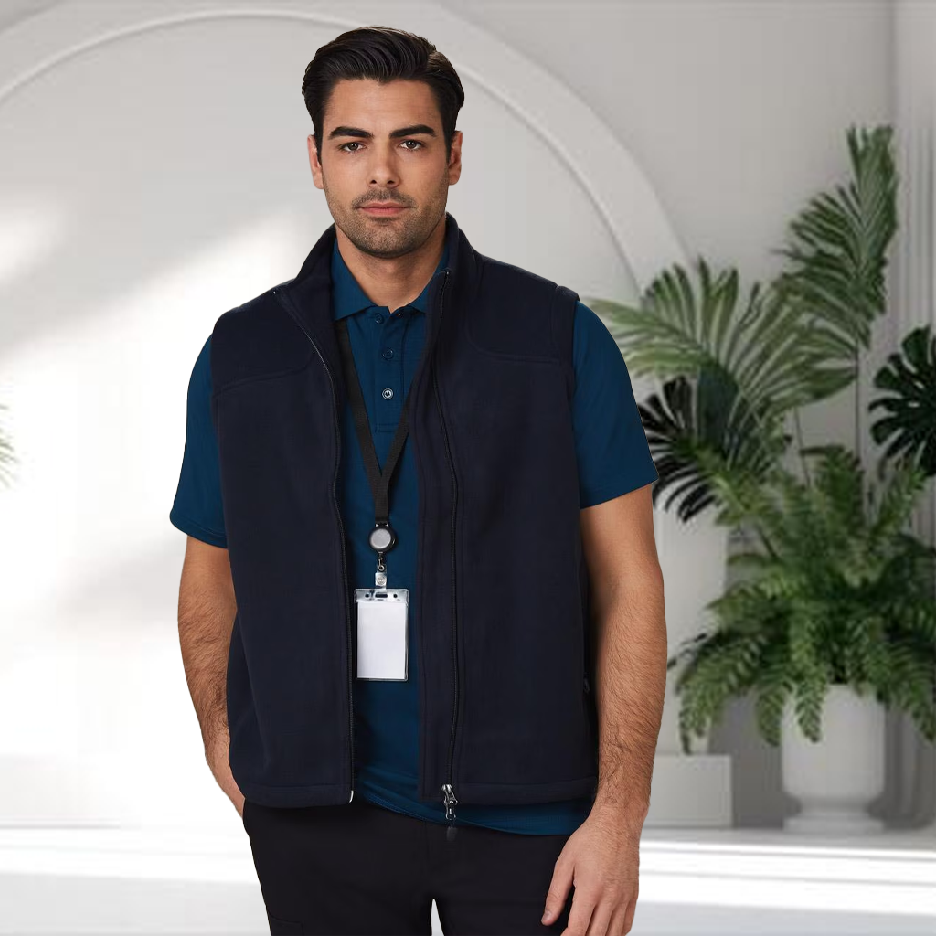 Navy blue bonded polar fleece vest with zipper and collar