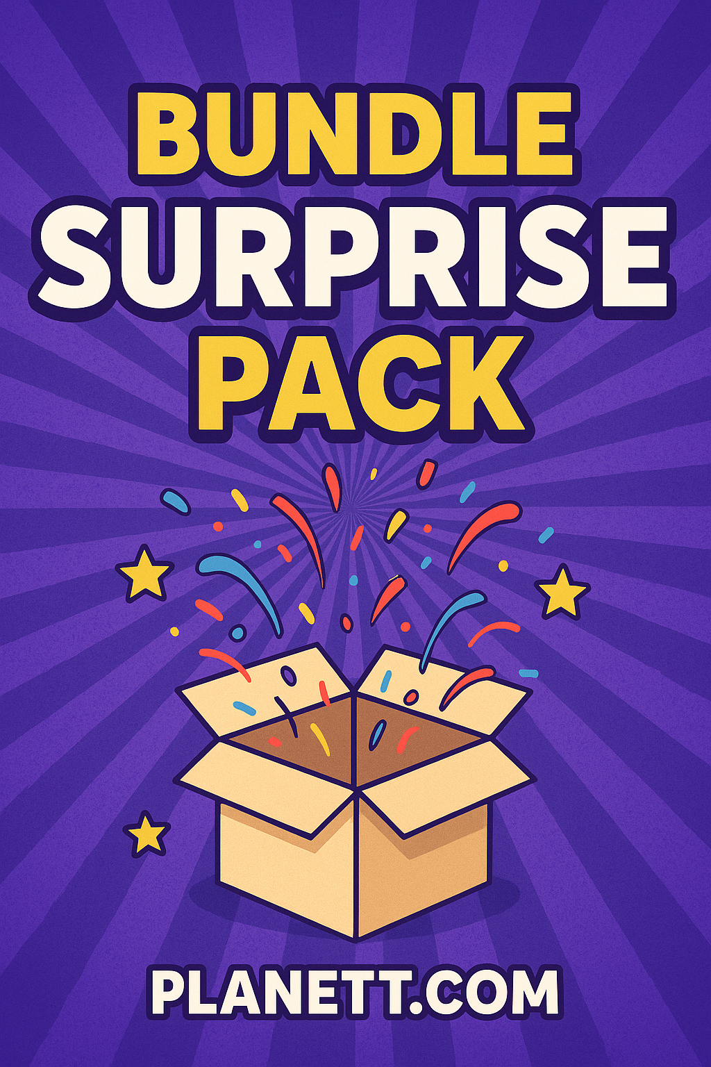 Open cartoon-style cardboard box bursting with colorful confetti and stars for bonus bundle pack workwear uniforms