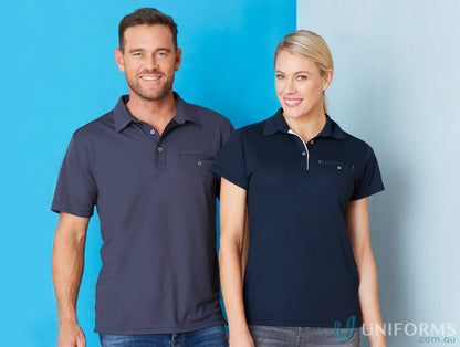 Two people wearing Boston polos, perfect for uniforms or casual style