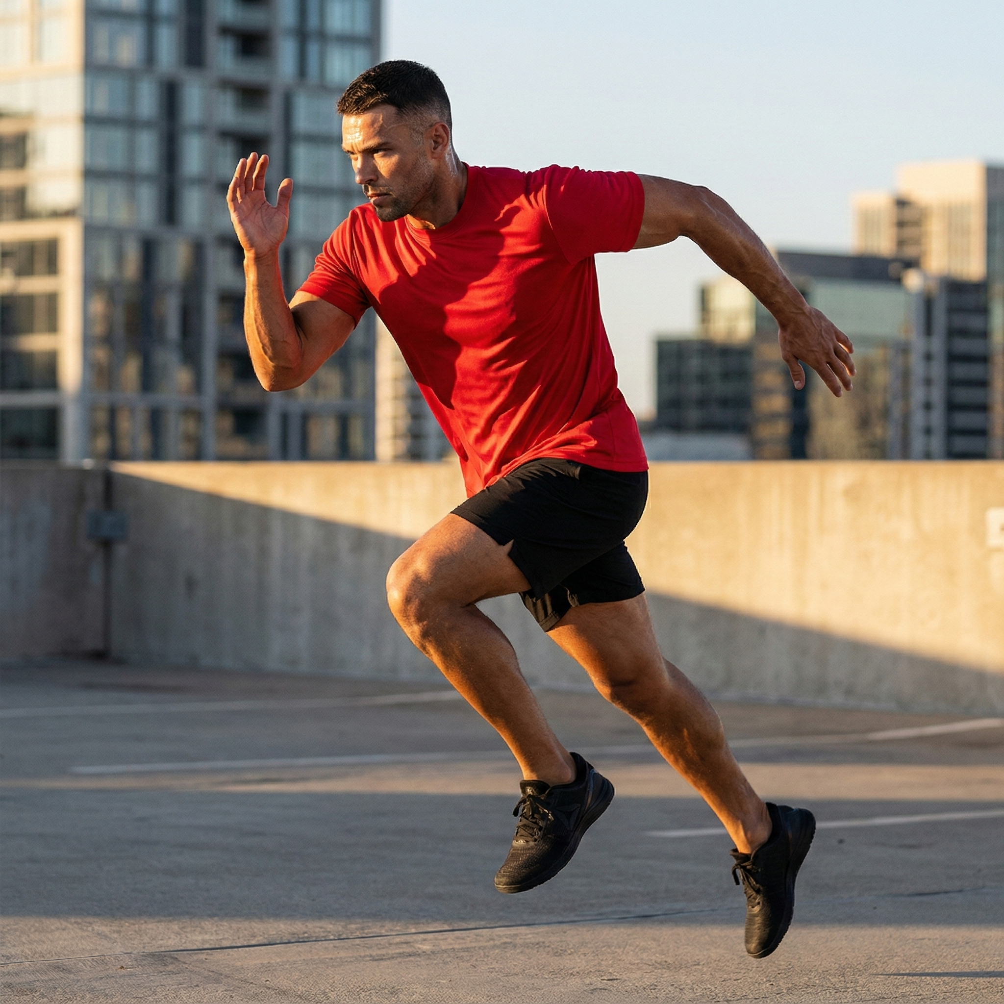 Man jumping in Botany T-Shirt, red athletic shirt and black shorts