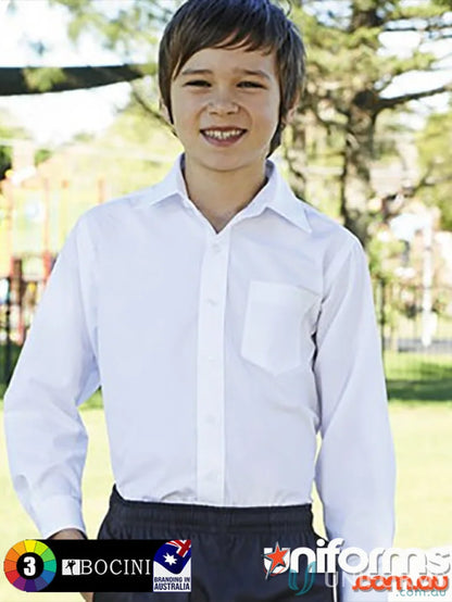Boy wearing a white long sleeve school shirt from Boys L/S School Shirt collection