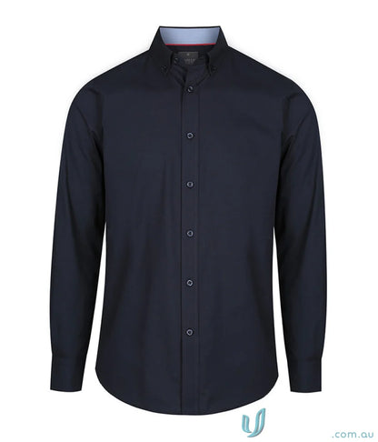 Dark blue Bradford Fine Oxford slim fit shirt with band collar and easy iron finish