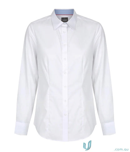 White womens fine oxford silk protein shirt with blue and pink lined collar