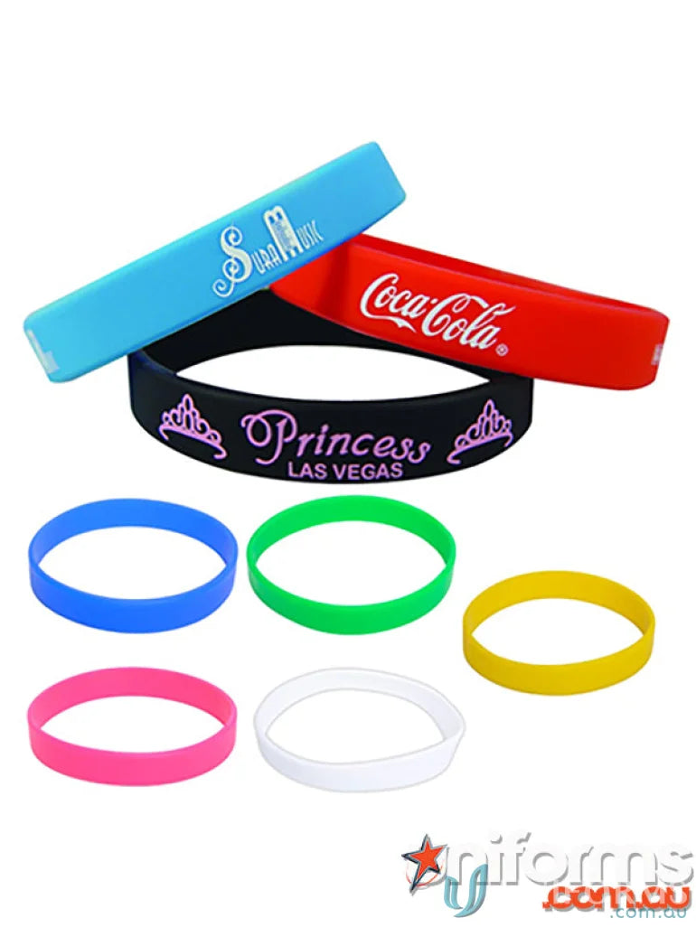 Colorful silicone wristbands with customizable pad print, perfect as branded silicone wristbands with free decoration options