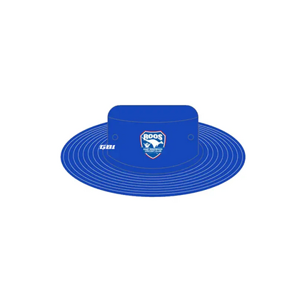 Blue wide-brimmed hat.