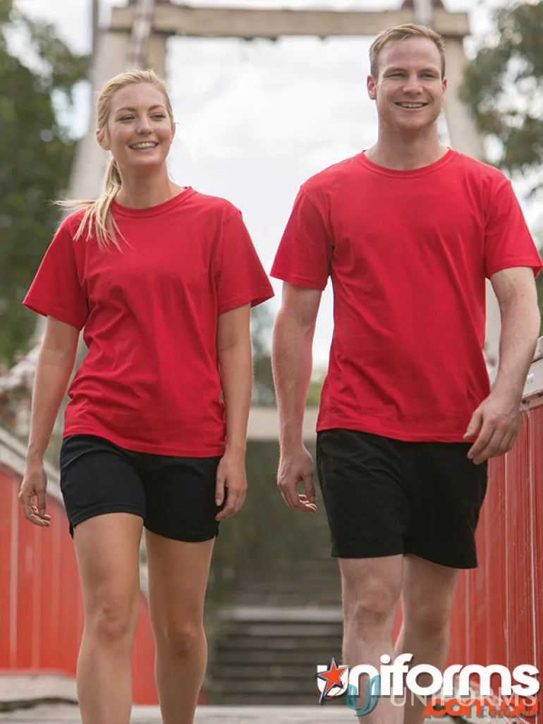 Matching red Braybrook Unisex Tee and black shorts, great spirit budget unisex outfit