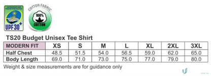 Unisex tee shirt size chart for Braybrook Spirit Budget Unisex TS20 Budget Unisex