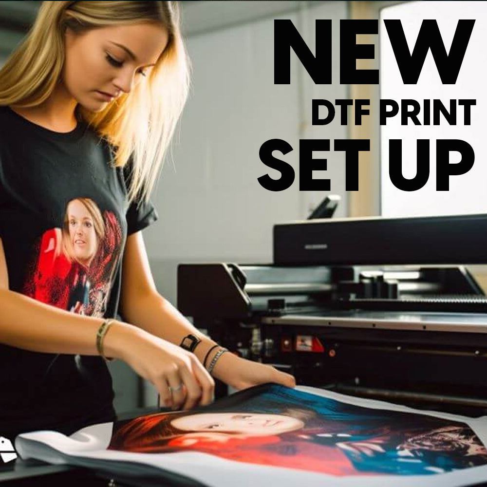 Black BRD DTF printing set t-shirt with vibrant woman portrait in red blue
