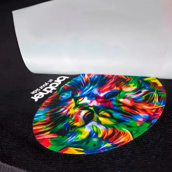 Vibrant rainbow tie-dye guitar pick holder with glossy finish via DTF printing set