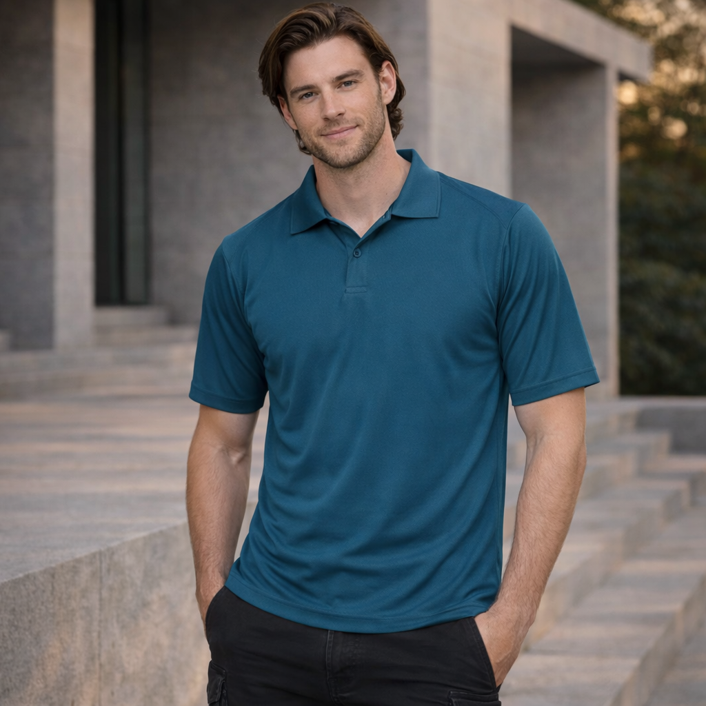 Breathable bamboo charcoal polo in teal with classic collar
