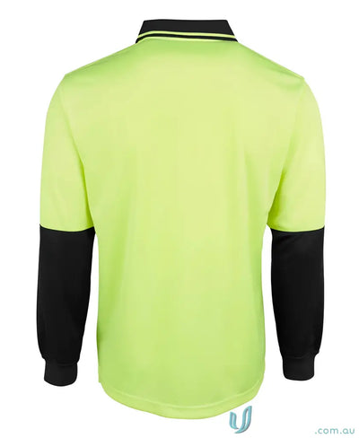 Lime green Breathable HiVis Jacquard LS Polo shirt with black sleeves, perfect for uniforms