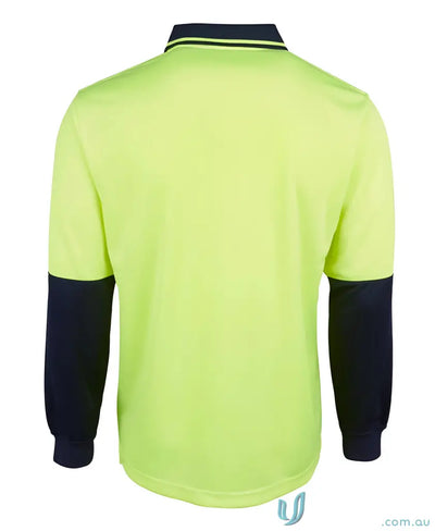 Mens high-vis long-sleeve polo shirt with dark blue sleeves, perfect for uniforms and breathable fabric