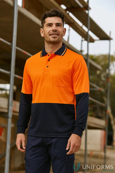 Mens long-sleeve orange navy work polo shirt in breathable fabric for uniforms 2XS