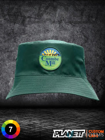 Dark green breathable poly twill bucket hat with colorful patch, perfect for workwear and uniforms