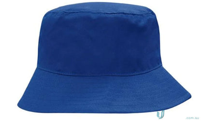Royal blue bucket hat with wide brim, perfect for workwear and uniforms, check our faq link