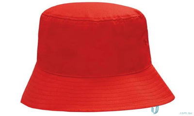 Solid red bucket hat from Breathable Poly Twill Workwear perfect for uniforms and FAQs link