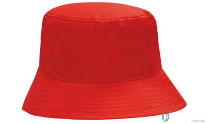 Solid red bucket hat from Breathable Poly Twill Workwear perfect for uniforms and FAQs link