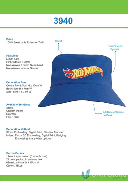 Blue bucket hat with Hot Wheels logo, perfect for kids’ uniforms or casual workwear