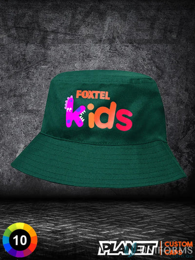 Dark green Breathable Poly Twill Childs Bucket Hat with FOXTEL Kids logo, perfect for uniforms or casual wear