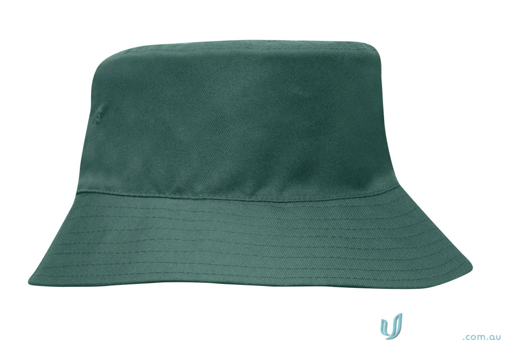 Dark green breathable poly twill childs bucket hat for uniforms or workwear, FAQ link available